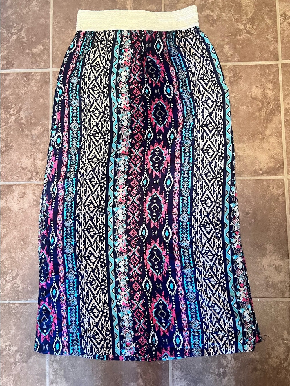 just be Tribal Print Maxi Skirt with Slits - Blue, Pink, Black